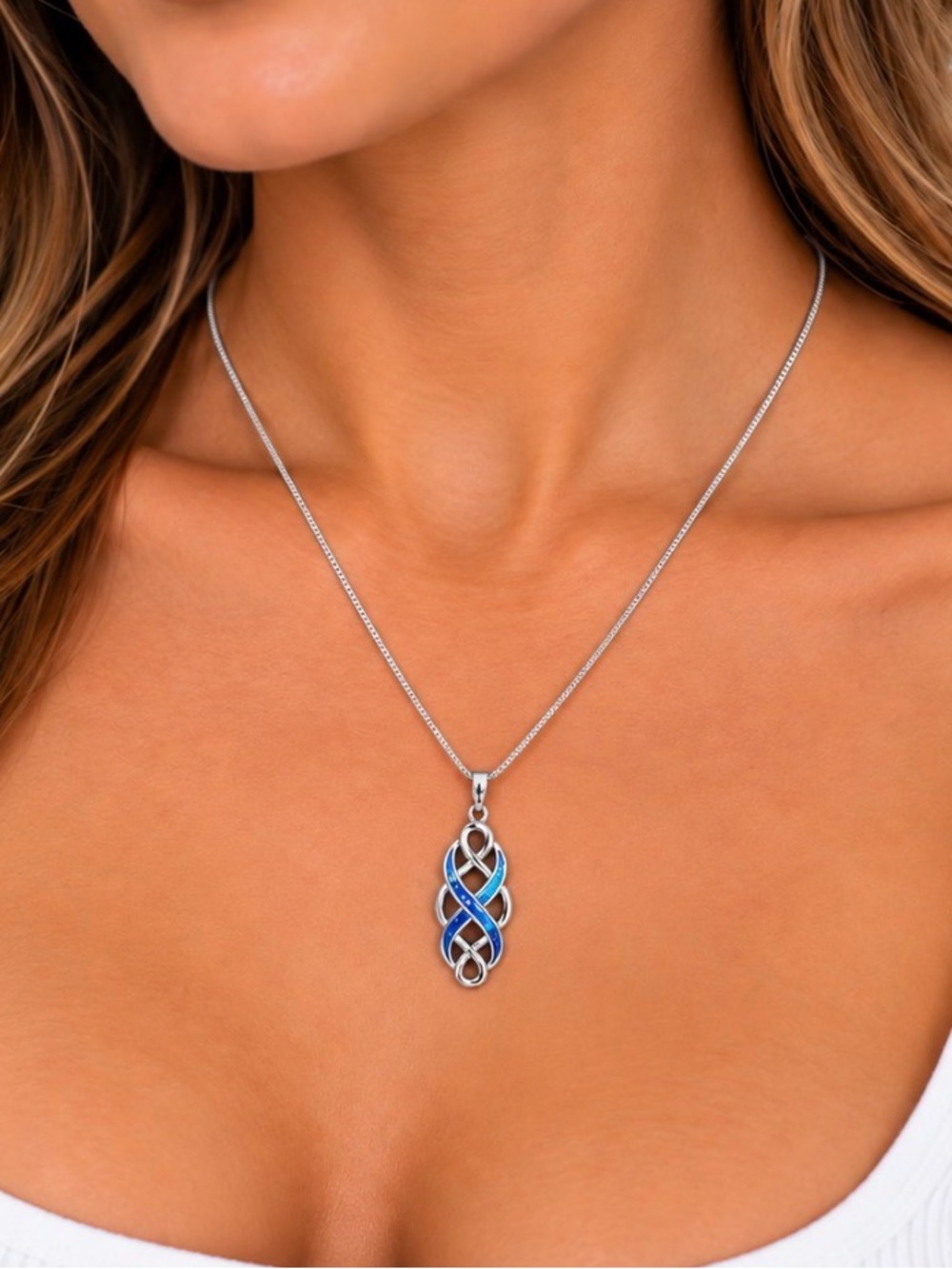 Silver-tone Blue Enamel Infinity Pendant Necklace-Silver Hardware